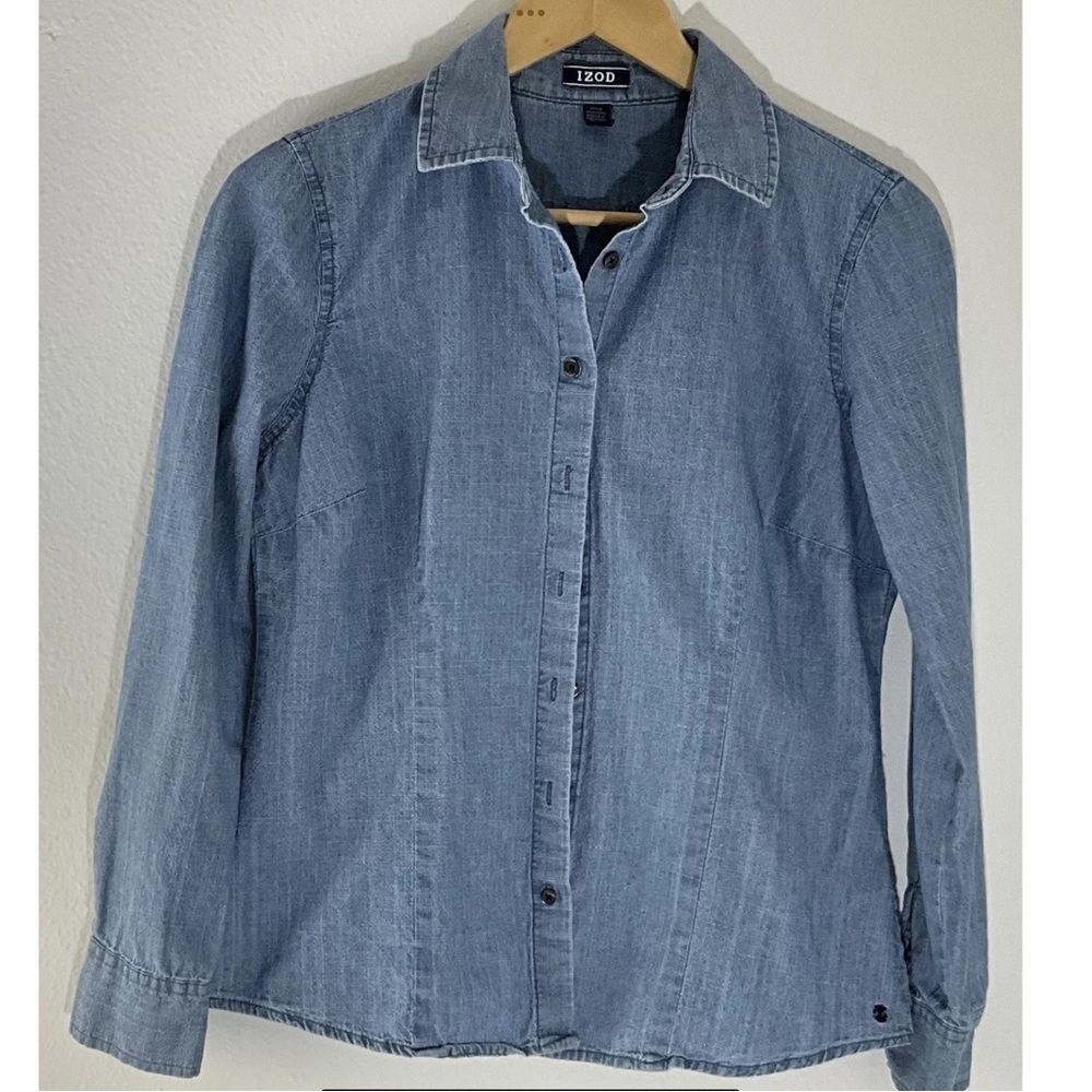 Izod Women's Long Sleeve Size PS Denim Shirt Top 100% Cotton‎ Button Up